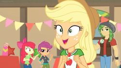 Size: 1600x900 | Tagged: safe, screencap, apple bloom, applejack, sandalwood, scootaloo, equestria girls, equestria girls specials, g4, my little pony equestria girls: better together, my little pony equestria girls: holidays unwrapped, banner, cardboard cutout, cute, geode of super strength, jackabetes, magical geodes, poking, stars, table, window