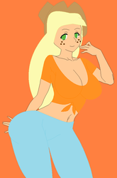 Size: 548x832 | Tagged: safe, artist:sturk-fontaine, oc, oc only, oc:jacquelyn, human, big breasts, breasts, cleavage, cowgirl, female, freckles, humanized, large butt, mlp wannabes, not applejack, orange background, simple background, solo, thighs, thunder thighs