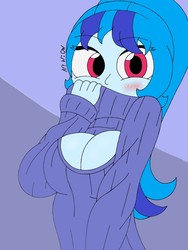 Size: 1932x2576 | Tagged: safe, artist:c_w, sonata dusk, equestria girls, g4, big breasts, blushing, boob window, breasts, busty sonata dusk, cleavage, clothes, cute, eyelashes, female, hand over face, keyhole turtleneck, looking at you, ponytail, solo, sonatabetes, sweater, turtleneck