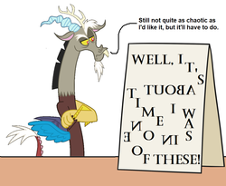 Size: 1100x900 | Tagged: safe, artist:hendro107, artist:mkogwheel edits, edit, discord, g4, applejack's sign, chaos, crossed arms, disappointed, jumble, meme, mirrored text, text