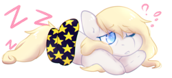 Size: 1901x867 | Tagged: safe, artist:pomrawr, oc, oc only, earth pony, pony, blanket, confused, earth pony oc, eye clipping through hair, one eye closed, onomatopoeia, prone, question mark, sleepy, solo, sound effects, tired, wink, zzz