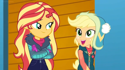 Size: 1600x900 | Tagged: safe, screencap, applejack, sunset shimmer, equestria girls, equestria girls specials, g4, my little pony equestria girls: better together, my little pony equestria girls: holidays unwrapped, winter break-in, clothes, crossed arms, female, gloves, jacket, mittens, winter hat, winter outfit