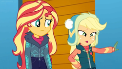 Size: 1600x900 | Tagged: safe, screencap, applejack, sunset shimmer, equestria girls, equestria girls specials, g4, my little pony equestria girls: better together, my little pony equestria girls: holidays unwrapped, winter break-in, clothes, faic, female, gloves, jacket, winter hat, winter outfit