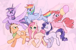 Size: 1280x838 | Tagged: safe, artist:serafelis, applejack, fluttershy, pinkie pie, rainbow dash, rarity, twilight sparkle, alicorn, earth pony, pegasus, pony, unicorn, g4, balloon, bandana, colored wings, cowboy hat, cute, end of ponies, eyes closed, female, flying, hat, looking back, mane six, mare, mouth hold, smiling, twilight sparkle (alicorn), wings, zoom layer