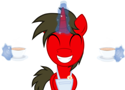 Size: 2196x1584 | Tagged: safe, artist:shadymeadow, oc, oc:fried egg, pony, apron, clothes, cup, magic, male, simple background, solo, stallion, teacup, transparent background