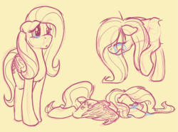 Size: 1000x745 | Tagged: safe, artist:koopakrazy85, fluttershy, pegasus, pony, g4, crying, emotions, eyes closed, female, mare, monochrome, partial color, profile, prone, sad, simple background, sketch, solo, standing, stray strand, teary eyes, three quarter view, wings, yellow background
