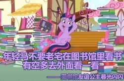 Size: 714x468 | Tagged: safe, edit, edited screencap, editor:梁耀桐‎, screencap, twilight sparkle, alicorn, pony, g4, yakity-sax, belly, bench, book, bookhorse, chinese, chinese meme, female, hooves behind head, levitation, magic, pile of books, ponyville, solo, telekinesis, that pony sure does love books, translated in the comments, twilight sparkle (alicorn)