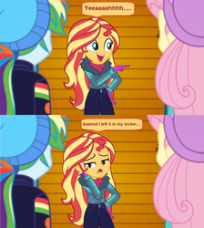 Size: 1600x1784 | Tagged: safe, edit, edited screencap, screencap, fluttershy, rainbow dash, sunset shimmer, equestria girls, equestria girls series, g4, holidays unwrapped, winter break-in, spoiler:eqg series (season 2), clothes, coat, comic, dialogue, female, frown, gloves, jacket, oops, pointing, sad, screencap comic, self-storage facility, smiling, speech bubble, toque, winter outfit