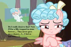 Size: 1604x1080 | Tagged: safe, edit, edited screencap, screencap, cozy glow, pegasus, pony, g4, marks for effort, the ending of the end, caption, cozybuse, crying, female, filly, image macro, petrification, sad, stone, text