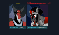 Size: 539x324 | Tagged: safe, edit, edited screencap, screencap, king sombra, lord tirek, centaur, pony, unicorn, derpibooru, frenemies (episode), g4, the beginning of the end, annoyed, antagonist, caption, comparison, cropped, evil, evil laugh, funny, image macro, laughing, male, meta, op is a duck, tags, text, tirek is not amused, why, wtf