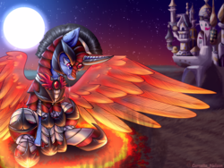 Size: 4000x3000 | Tagged: safe, artist:cornelia_nelson, oc, oc only, pony, armor, artificial wings, augmented, canterlot castle, fantasy class, fire, fullshade, magic, magic wings, moon, night, sad, warrior, wings