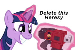 Size: 3000x2000 | Tagged: safe, artist:pizzamovies, twilight sparkle, pony, unicorn, g4, bolter, delet this, female, high res, horn, inquisition, magic, mare, show accurate, simple background, smiling, solo, telekinesis, transparent background, warhammer (game), warhammer 40k, weapon