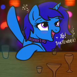 Size: 2100x2100 | Tagged: safe, artist:lannielona, oc, oc only, oc:delly, pony, unicorn, bar, blushing, collar, drunk, female, glass, happy, high res, mare, solo, speech, waving, ych result