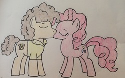 Size: 3041x1899 | Tagged: safe, artist:dragonpriness, cheese sandwich, pinkie pie, pony, g4, female, kissing, male, ship:cheesepie, shipping, straight, traditional art