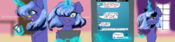 Size: 4128x1000 | Tagged: safe, artist:livitoza, princess luna, pony, g4, cellphone, chat, comic, cyrillic, female, glowing horn, horn, levitation, magic, mare, open mouth, phone, solo, telekinesis, texting, translated in the description