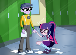 Size: 3060x2224 | Tagged: safe, artist:vinilyart, micro chips, sci-twi, twilight sparkle, equestria girls, g4, blushing, duo, female, high res, holding hands, lidded eyes, looking up, male, microlight, sci-twi outfits, shipping, spanish description, straight