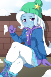 Size: 1200x1800 | Tagged: safe, artist:umejiru, trixie, equestria girls, equestria girls series, g4, holidays unwrapped, spoiler:eqg series (season 2), adorasexy, anime, blushing, boots, clothes, crossed legs, cute, diatrixes, female, gloves, hat, jacket, legs, looking at you, miniskirt, moe, pantyhose, sexy, shoes, skirt, socks, solo, thighs