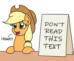 Size: 1100x900 | Tagged: safe, artist:mkogwheel edits, edit, applejack, earth pony, pony, g4, applejack's sign, cowboy hat, female, hair tie, hat, howdy, meme, open mouth, sign, solo, table, text