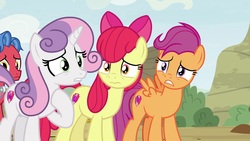 Size: 1920x1080 | Tagged: safe, screencap, apple bloom, biscuit, scootaloo, sweetie belle, earth pony, pony, g4, growing up is hard to do, cutie mark crusaders, older, older apple bloom, older scootaloo, older sweetie belle