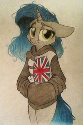 Size: 1236x1856 | Tagged: safe, artist:riley sunderson, derpibooru exclusive, oc, oc only, oc:moonsonat, unicorn, anthro, anthro oc, clothes, female, mare, paper, shirt, simple background, solo, traditional art, white background