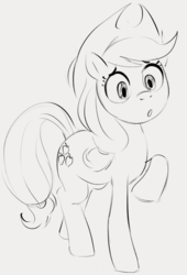 Size: 603x889 | Tagged: safe, artist:dotkwa, applejack, pony, g4, applejack's hat, cowboy hat, cute, female, grayscale, hat, jackabetes, looking at something, mare, monochrome, open mouth, raised hoof, simple background, solo, standing, three quarter view, white background