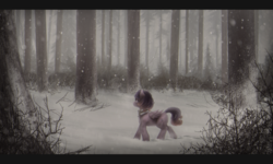Size: 2829x1700 | Tagged: safe, artist:ventious, oc, oc only, oc:tiny stitch, pegasus, pony, cold, collar, cutie mark, dark, detailed background, female, forest, letterboxing, mare, multicolored hair, sad, scenery, snow, snowfall, solo, wallpaper, winter
