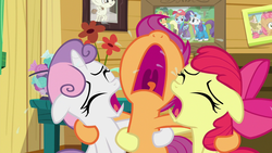 Size: 1280x720 | Tagged: safe, screencap, apple bloom, applejack, babs seed, featherweight, rainbow dash, rarity, scootaloo, sweetie belle, pony, g4, the last crusade, crying, cutie mark crusaders, floppy ears, group hug, hug, nose in the air