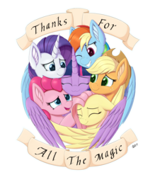 Size: 3500x4000 | Tagged: safe, artist:arcane-thunder, applejack, fluttershy, pinkie pie, rainbow dash, rarity, twilight sparkle, alicorn, earth pony, pegasus, pony, unicorn, g4, applejack's hat, banner, cheek fluff, cowboy hat, crying, cute, ear fluff, end of ponies, eyes closed, female, freckles, group, group hug, hat, high res, hug, mane six, mare, one eye closed, open mouth, simple background, smiling, stetson, tears of joy, text, transparent background, twilight sparkle (alicorn), wings