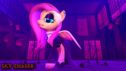 Size: 1920x1080 | Tagged: safe, artist:sky chaser, fluttershy, pegasus, pony, g4, 3d, clothes, colored wings, dress, ear piercing, female, flower, fluttergoth, gothic, piercing, rose, solo, source filmmaker, wings