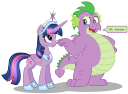 Size: 5283x3892 | Tagged: safe, artist:aleximusprime, edit, spike, twilight sparkle, alicorn, dragon, pony, flurry heart's story, g4, adult, adult spike, big crown thingy, boomer, boop, duo, duo male and female, element of magic, fat, fat spike, jewelry, larger male, looking at each other, noseboop, ok boomer, older, older spike, plump, regalia, size difference, smaller female, teasing, twilight sparkle (alicorn), vector, winged spike, wings