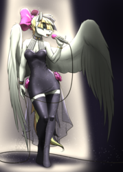 Size: 2250x3150 | Tagged: safe, artist:mykegreywolf, songbird serenade, pegasus, anthro, unguligrade anthro, g4, my little pony: the movie, bow, clothes, dress, female, hair bow, high res, mare, microphone, singing, solo, spotlight, stockings, thigh highs, zettai ryouiki