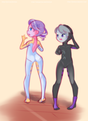 Size: 1152x1584 | Tagged: safe, artist:drantyno, diamond tiara, silver spoon, human, equestria girls, g4, ass, butt, duo, duo female, female, glasses, hooded wetsuit, wetsuit