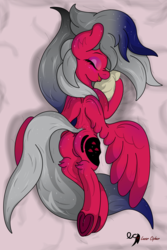 Size: 3000x4500 | Tagged: safe, artist:lunarcipher1, oc, oc only, oc:soul serenity, pegasus, pony, bed, blushing, butt, cuddling, cute, daaaaaaaaaaaw, eyes closed, female, frog (hoof), happy, high res, hug, long mane, lying on bed, mare, open mouth, pillow, pillow hug, plot, smiling, snuggling, solo, underhoof, wings