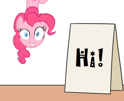 Size: 1100x900 | Tagged: safe, artist:mkogwheel edits, edit, pinkie pie, earth pony, pony, g4, applejack's sign, female, greeting, hi, in which pinkie pie forgets how to gravity, mare, meme, pinkie being pinkie, pinkie physics, smiling, solo, upside down, wide eyes