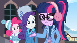 Size: 1600x900 | Tagged: safe, screencap, pinkie pie, rarity, sci-twi, twilight sparkle, equestria girls, equestria girls series, g4, holidays unwrapped, winter break-in, spoiler:eqg series (season 2), clothes, coat, earmuffs, female, glasses, hat, house, jacket, ponytail, toque, ushanka, window, winter outfit
