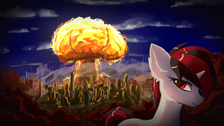 Size: 1920x1080 | Tagged: source needed, safe, artist:oblique, oc, oc only, oc:blackjack, pony, unicorn, fallout equestria, fallout equestria: project horizons, city, cool guys don't look at explosions, detailed background, explosion, fanfic art, female, horn, lighting, lineless, mare, small horn, smiling, smirk, smoke, solo, upper body, wallpaper