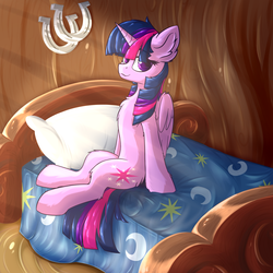 Size: 1500x1500 | Tagged: safe, artist:oblique, twilight sparkle, alicorn, pony, g4, bed, bedroom, bipedal, chest fluff, crepuscular rays, detailed background, ear fluff, female, golden oaks library, horseshoes, indoors, lighting, looking at you, mare, pillow, sitting, smiling, solo, sunlight, twilight sparkle (alicorn)