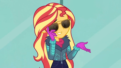 Size: 1600x900 | Tagged: safe, screencap, sunset shimmer, equestria girls, equestria girls series, g4, holidays unwrapped, winter break-in, spoiler:eqg series (season 2), clothes, cool, female, gloves, jacket, solo, sunglasses, winter outfit