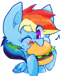 Size: 900x1107 | Tagged: safe, artist:temmie-kun, rainbow dash, pony, g4, burger, cute, dashabetes, eating, female, food, hamburger, ketchup, meat, one eye closed, ponies eating meat, sauce, simple background, solo, transparent background