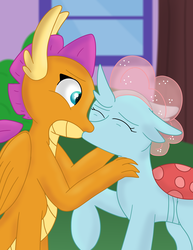 Size: 2550x3300 | Tagged: safe, artist:skyflys, ocellus, smolder, changedling, changeling, dragon, g4, changeling x dragon, cute, diaocelles, dragoness, female, high res, interspecies, kiss on the lips, kissing, lesbian, ship:smolcellus, shipping, smolderbetes, teenager