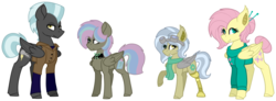 Size: 1583x582 | Tagged: safe, artist:king-justin, fluttershy, thunderlane, oc, oc:moody hailstorm, oc:timid gear, pony, g4, alternate hairstyle, amputee, choker, clothes, congenital amputee, family, fangs, female, goggles, hair bun, heterochromia, jacket, male, offspring, parent:fluttershy, parent:thunderlane, parents:thundershy, prosthetic leg, prosthetic limb, prosthetics, shipping, straight, sweater, sweatershy, thundershy