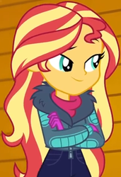 Size: 607x885 | Tagged: safe, screencap, sunset shimmer, equestria girls, equestria girls specials, g4, my little pony equestria girls: better together, my little pony equestria girls: holidays unwrapped, winter break-in, clothes, cropped, cute, female, gloves, jacket, lidded eyes, pants, raised eyebrow, shimmerbetes, smiling, storage, winter coat, winter outfit, zipper