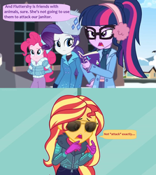 Size: 1600x1790 | Tagged: safe, edit, edited screencap, screencap, pinkie pie, rarity, sci-twi, twilight sparkle, equestria girls, equestria girls specials, g4, my little pony equestria girls: better together, my little pony equestria girls: holidays unwrapped, winter break-in, book, clothes, coat, comic, dialogue, earmuffs, glasses, gloves, hat, house, jacket, ponytail, screencap comic, speech bubble, sunglasses, ushanka, window, winter outfit