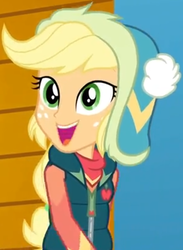 Size: 562x767 | Tagged: safe, screencap, applejack, equestria girls, equestria girls series, g4, holidays unwrapped, winter break-in, spoiler:eqg series (season 2), clothes, coat, cropped, cute, female, freckles, jackabetes, long sleeves, scarf, smiling, storage, winter coat, winter hat, winter outfit, zipper