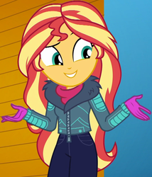 Size: 845x987 | Tagged: safe, screencap, sunset shimmer, equestria girls, equestria girls specials, g4, my little pony equestria girls: better together, my little pony equestria girls: holidays unwrapped, winter break-in, clothes, cropped, female, gloves, jacket, pants, pocket, shimmerbetes, smiling, storage, winter coat, winter outfit, zipper