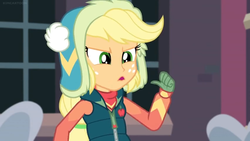 Size: 1600x900 | Tagged: safe, screencap, applejack, equestria girls, equestria girls series, g4, holidays unwrapped, winter break-in, spoiler:eqg series (season 2), clothes, female, gloves, pointing at self, solo, thumb, window, winter hat, winter outfit