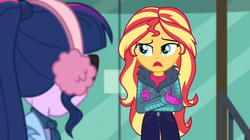 Size: 1600x898 | Tagged: safe, screencap, sci-twi, sunset shimmer, twilight sparkle, equestria girls, equestria girls series, g4, holidays unwrapped, winter break-in, spoiler:eqg series (season 2), clothes, earmuffs, female, glass door, gloves, jacket, winter outfit