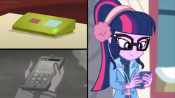 Size: 1600x896 | Tagged: safe, screencap, sci-twi, twilight sparkle, equestria girls, equestria girls series, g4, holidays unwrapped, winter break-in, spoiler:eqg series (season 2), answering machine, calling, cellphone, clothes, earbuds, earmuffs, female, glasses, jacket, phone, ponytail, solo, split screen, winter outfit