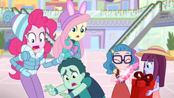Size: 1600x900 | Tagged: safe, screencap, fluttershy, kimberlite, mint chip, pinkie pie, technicolor waves, equestria girls, equestria girls series, g4, holidays unwrapped, winter break-in, spoiler:eqg series (season 2), bunny ears, canterlot mall, child, children, clothes, coat, decoration, escalator, female, freckles, glasses, hat, holiday decorations, jacket, mittens, oh no, plant, present, sad, shocked, skirt, toque, winter outfit, wristband