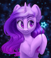 Size: 1500x1729 | Tagged: safe, artist:amishy, oc, oc:stardust (midnight note), pony, unicorn, commission, cute, female, magic, snow, snowfall, stars